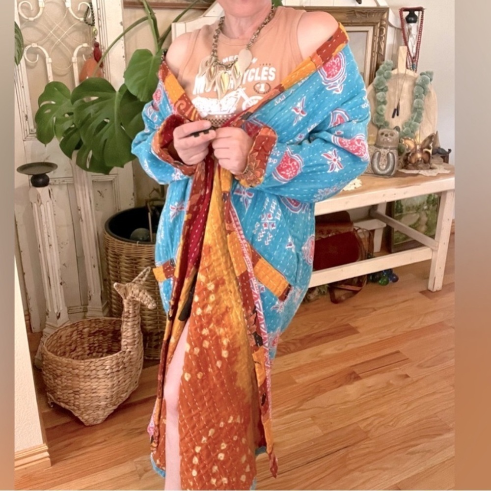Handmade India Kantha Stitch Cotton Floral Contrast Tie Pockets Duster Cardigan - Picture 4 of 17